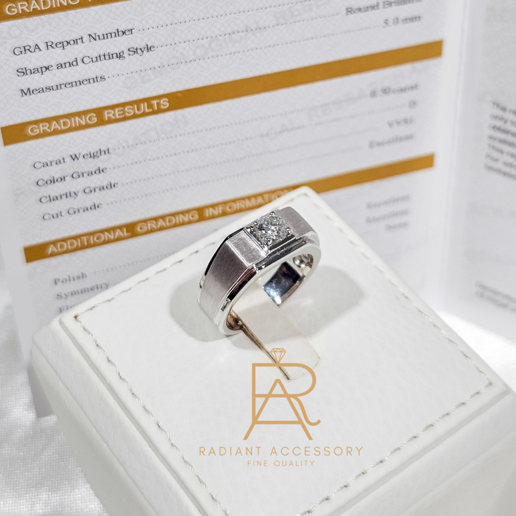 แหวนเงินแท้ ชุบทองคำขาว แหวนชาย ฝังเพชร Moissanite 0.5 กะรัต