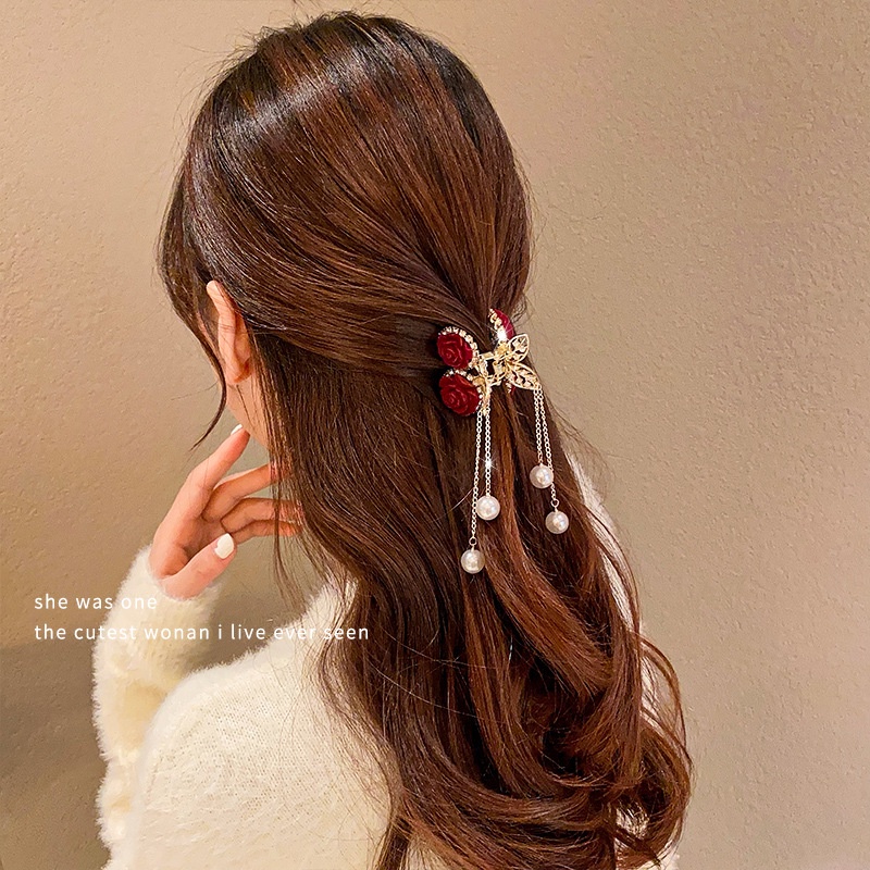 ใหม่ กิ๊บติดผม ผ้ากํามะหยี่ ลายดอกกุหลาบ เชอร์รี่ ระดับไฮเอนด์