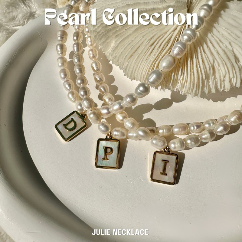 ✨[JULIE NECKLACE ]  สร้อยไข่มุกน้ำจืด จี้ภาษาอังกฤษ ชุบทองคำขาว