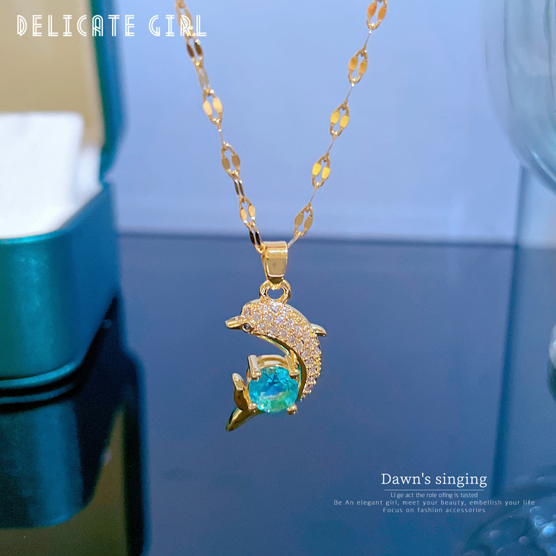 ⭐Y.H⭐ ปลาโลมาเพชร สีทอง 18K สร้อยคอสแตนเลส จี้ทองแดง