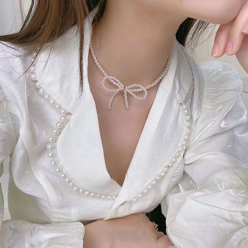 ꒰พร้อมส่ง꒱ สร้อยมุก สร้อยคอมุก ผูกโบว์ โชกเกอร์ ใส่ไปทะเล y2k