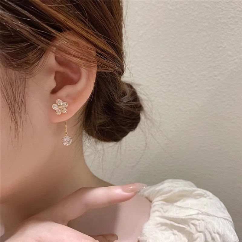(3Lshop) ต่างหูเพทาย พู่ ดอกไม้ สไตล์เกาหลี เครื่องประดับแฟชั่น สําหรับผู้หญิง