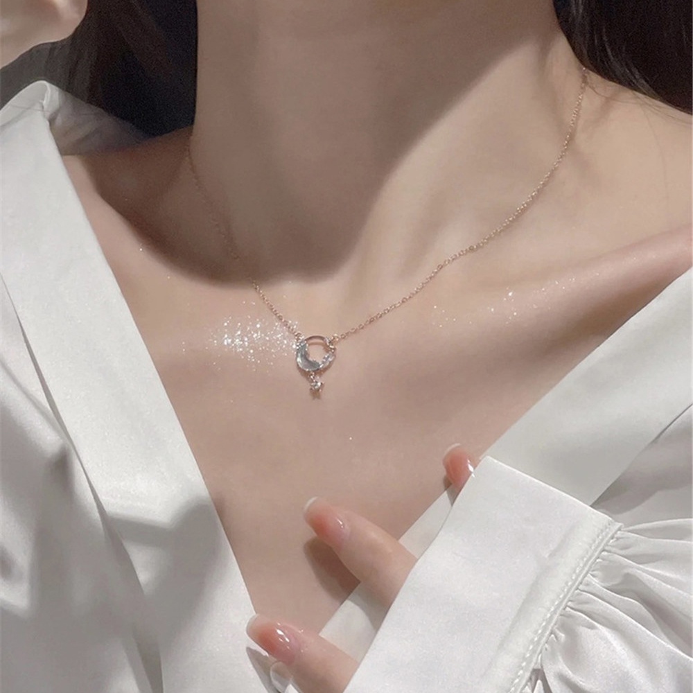 A HELLO GIRL สร้อยคอโซ่เงินแท้ เกรด 925 จี้รูปดาว และดวงจันทร์ หรูหรา เครื่องประดับ สําหรับผู้หญิง