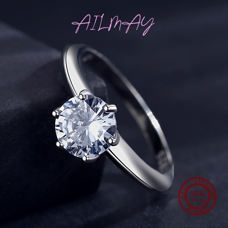 Ailmay ขายดี แหวนเงินแท้ 925 ประดับเพทาย ทรงกลม หรูหรา เครื่องประดับ สําหรับผู้หญิง งานแต่งงาน