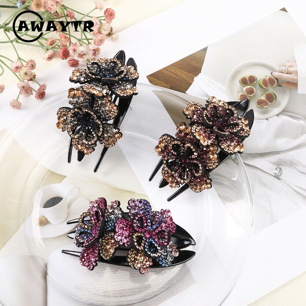 Awaytr กิ๊บติดผมหางม้า พลอยเทียม ดอกไม้คู่ เครื่องประดับผม หรูหรา สําหรับผู้หญิง