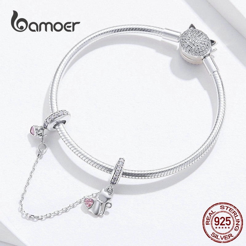 BAMOER 925 Sterling Silver Cat Heart Safety Chain with Silicone Charm