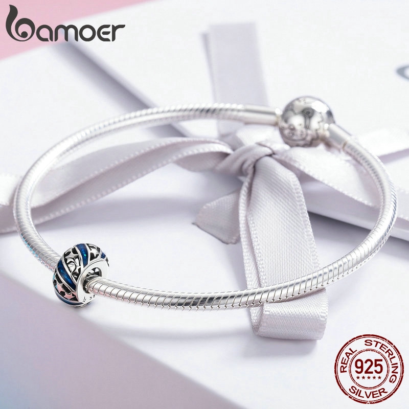BAMOER Spacer Beads fit Women Bracelet Bangles DIY Genuine 925 Sterling Silver Sparkling Star Blue Enamel SCC636