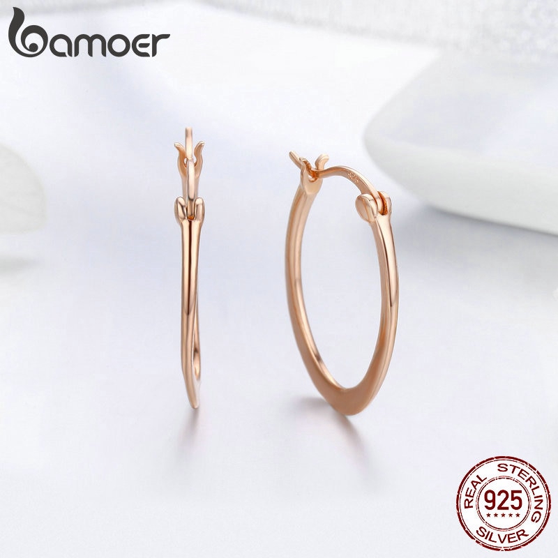 BAMOER ต่างหูห่วงเงินแท้ สีโรสโกลด์ เรียบง่าย