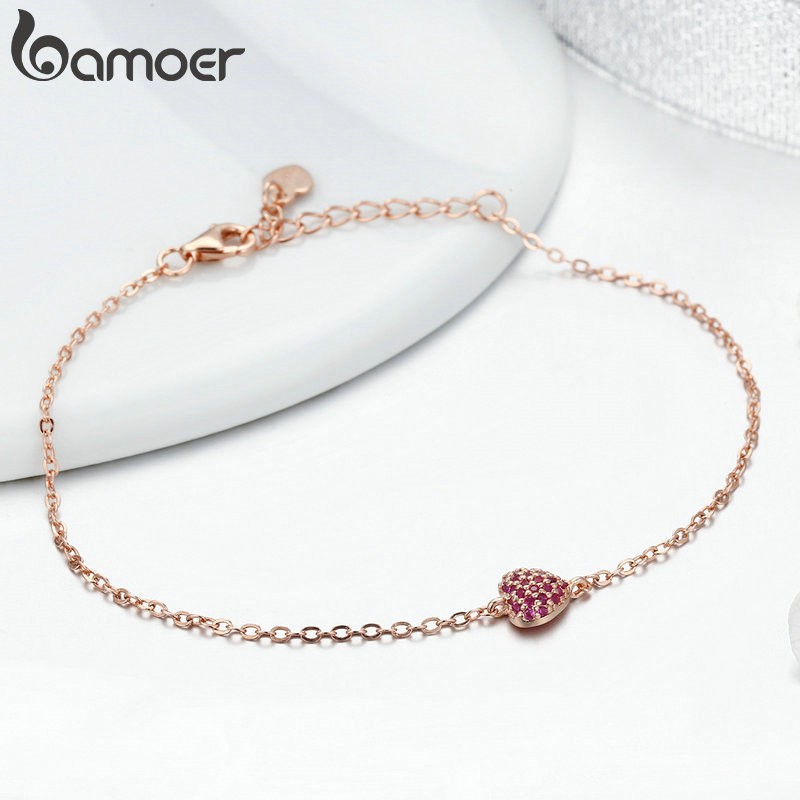 BAMOER สร้อยข้อมือ ปรับระดับได้ เเต่งจี้หัวใจ สีโรสโกลด์ ขนาด 22 ซม. สำหรับผู้หญิง