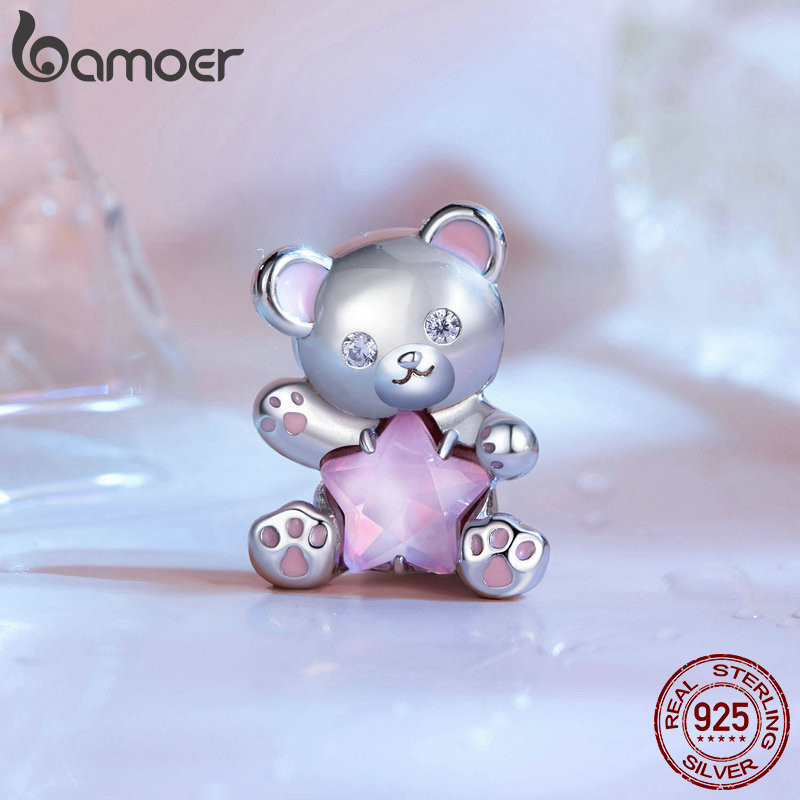 Bamoer สร้อยข้อมือ เงินแท้ 925 จี้รูปดาว หัวใจ สีชมพู เครื่องประดับ สําหรับผู้หญิง คู่รัก DIY