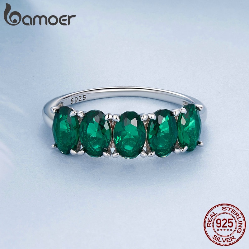 Bamoer แหวนเงินแท้ 925 ประดับเพทาย สีเขียว หรูหรา เครื่องประดับแฟชั่น สําหรับผู้หญิง