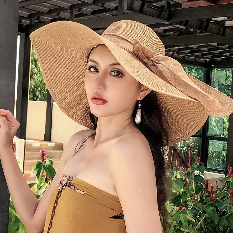 BikiniFC  SB149 หมวกชายหาด ปีกกว้าง กันแดด ผูกโบว์ มีสายรัด พับเก็บได้