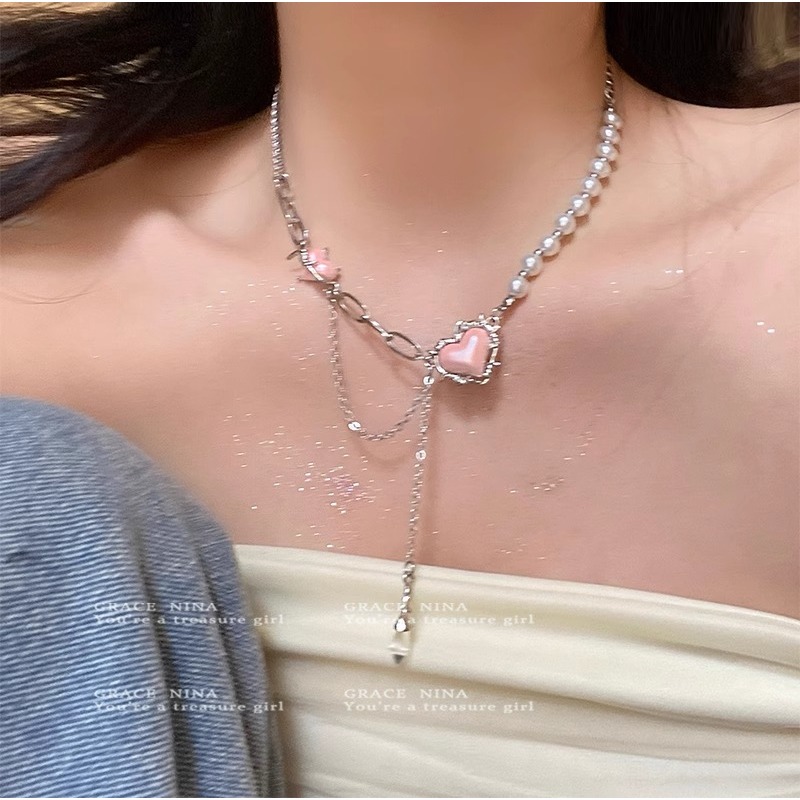COD-ในไทย สร้อยคอ จี้ลายหัวใจมุก สีชมพู y2kสไตล์เกาหลี นักเรียนสำหรับผู้หญิง-Krismile.th