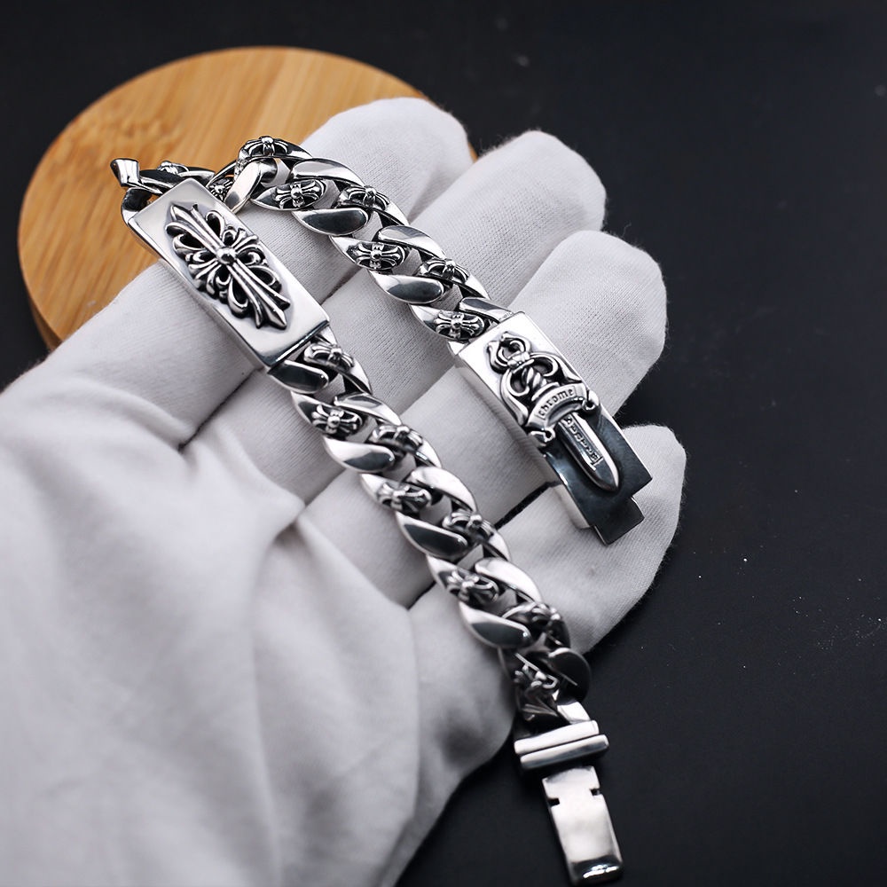 Chrome HEARTS สร้อยข้อมือเงินสเตอร์ลิง 925 แบบหนา ลายดอกไม้ สไตล์พังก์ ฮิปฮอป สตรีท เครื่องประดับ