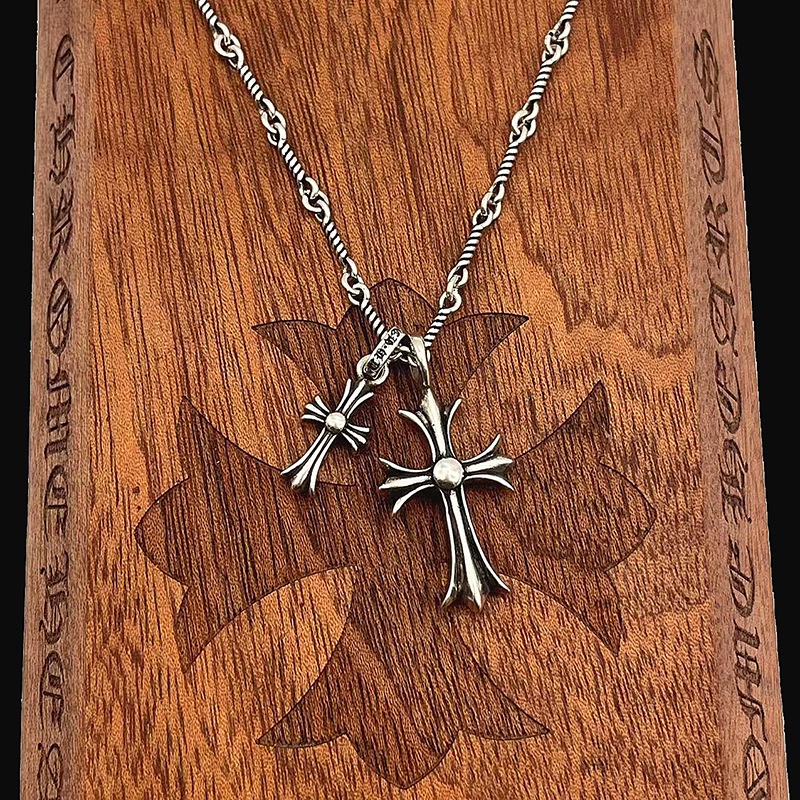 Chrome HEARTS สร้อยคอเงินสเตอร์ลิง 925 จี้ไม้กางเขนคู่ หรูหรา สไตล์พังก์ วินเทจ