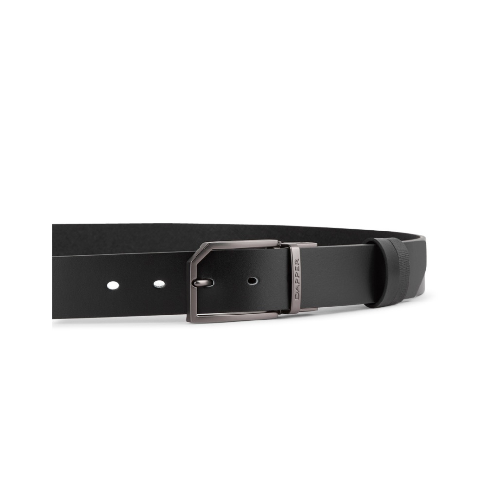 DAPPER เข็มขัดหนังแท้ Snip Corner Rectangle Pin Buckle Belt แบบใส่ได้ 2 ด้าน สีดำ (BBCB1/1286PN)