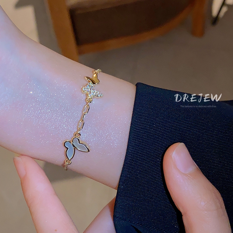 DREJEW สร้อยข้อมือแฟชั่น ทอง 18K ประดับเพทาย รูปผีเสื้อ น้ําหนักเบา หรูหรา คุณภาพสูง