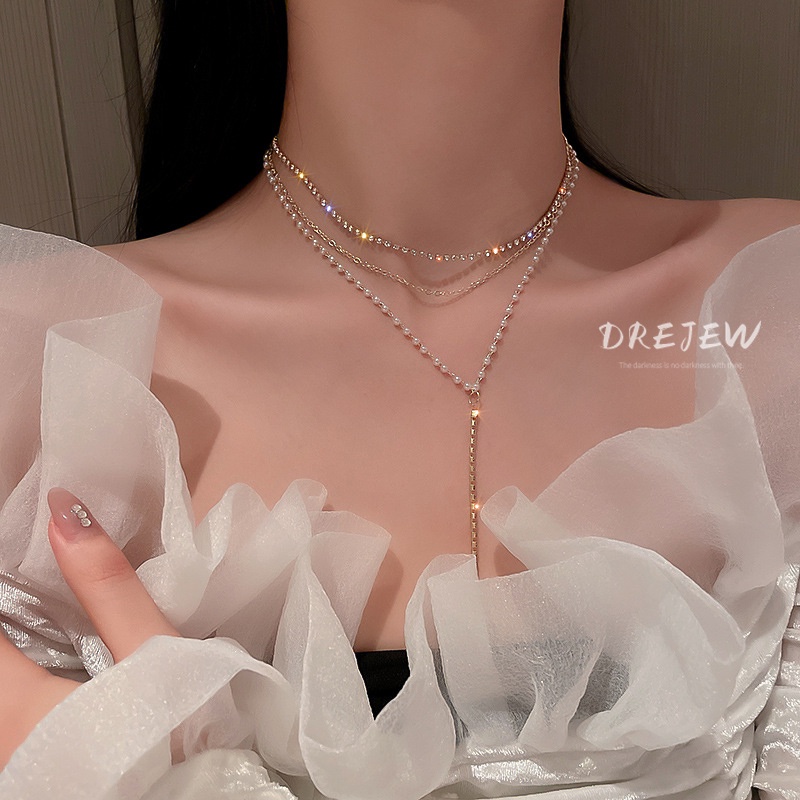 DREJEW แสงหรูหราอารมณ์หลายชั้นแฟลชเพชรสร้อยคอมุกรูปตัว Y โซ่กระดูกไหปลาร้าของผู้หญิง