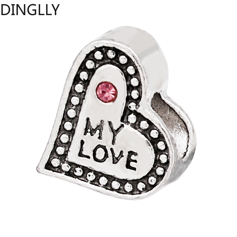 Dinglly ลูกปัดอัลลอย สีเงิน สีชมพู และพลอยเทียม รูปหัวใจ สําหรับทําเครื่องประดับ Diy