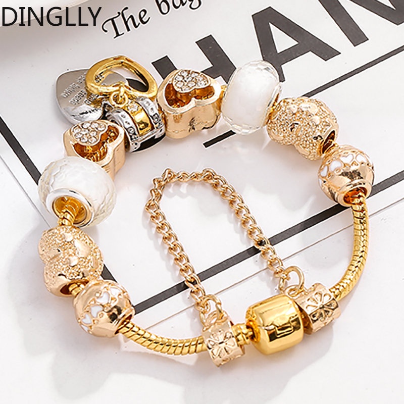 Dinglly สร้อยข้อมือ จี้รูปหัวใจ สีทอง สําหรับผู้หญิง Diy วันพรุ้ง ลูกชาย โคเฮอร์ ลูกปัด เสน่ห์