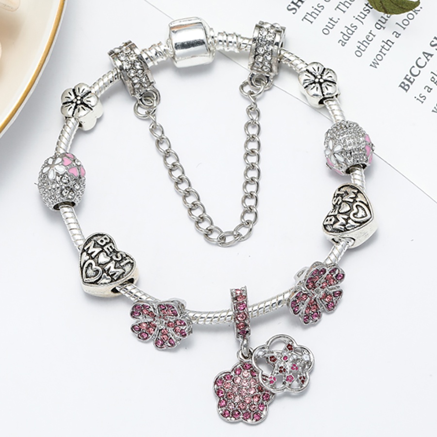 Dinglly สร้อยข้อมือ ประดับลูกปัด สีชมพู ลายดอกไม้ แมลงเต่าทอง หัวใจ สีเงิน สําหรับผู้หญิง DIY