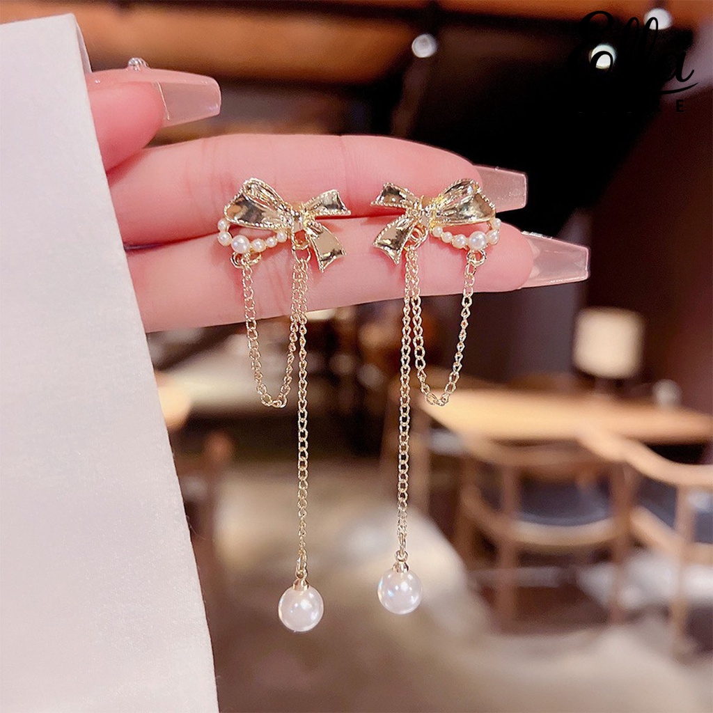 Ellastore123 ต่างหูระย้า รูปโบว์ ประดับไข่มุกเทียม พลอยเทียม 1 คู่