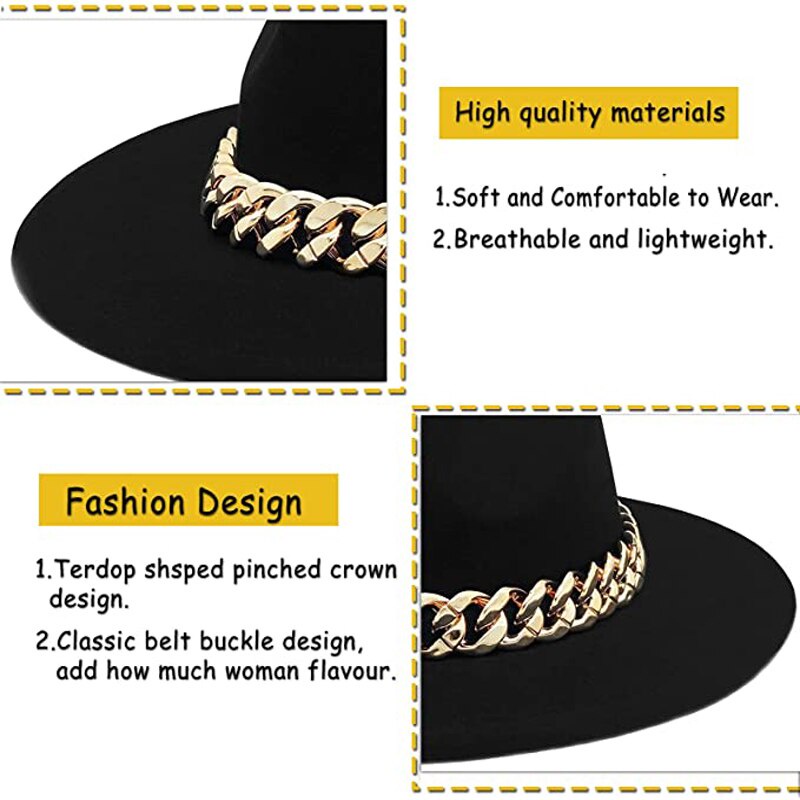 Fedora หมวกปีกกว้าง หนา สายโซ่ สีทอง แฟชั่นฤดูใบไม้ร่วง ฤดูหนาว สําหรับผู้หญิง และผู้ชาย
