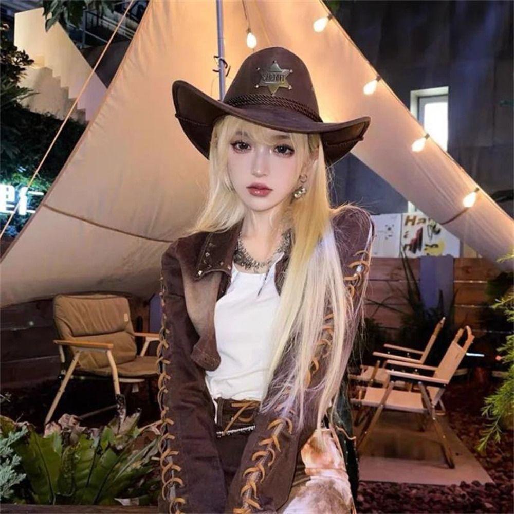 Fuhui หมวกปีกกว้าง ผ้าวูล กันแดด สไตล์พังก์ คาวบอย ตะวันตก หรูหรา สําหรับผู้ชาย