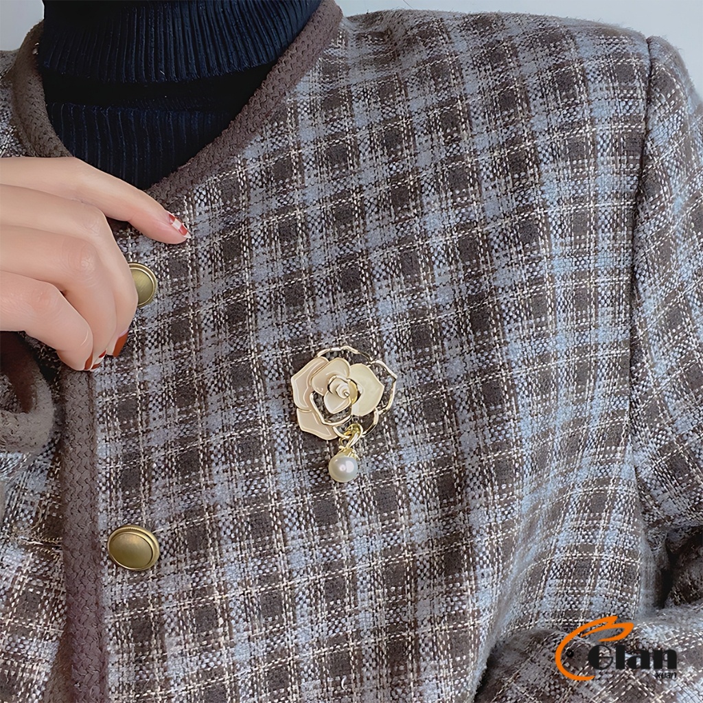Glanxuan เข็มกลัด รูปดอกคามิเลีย ประดับมุก สไตล์เรโทร Camellia brooch