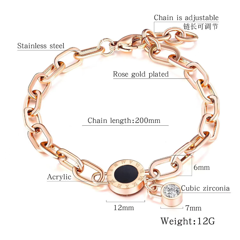 Ht สร้อยข้อมือ เหล็กไทเทเนียม ชุบทอง 18K ประดับเพชร ทรงกลม สีดํา สไตล์โรมัน