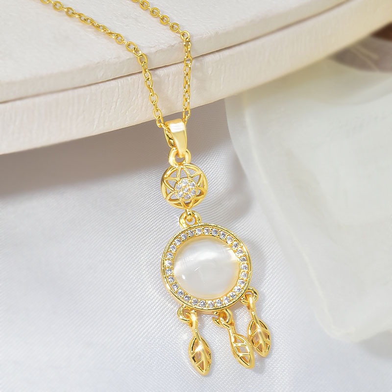 Ht สร้อยคอโซ่เหล็กไทเทเนียม จี้ตาข่ายดักฝัน โอปอล สไตล์จีน เครื่องประดับ สําหรับผู้หญิง