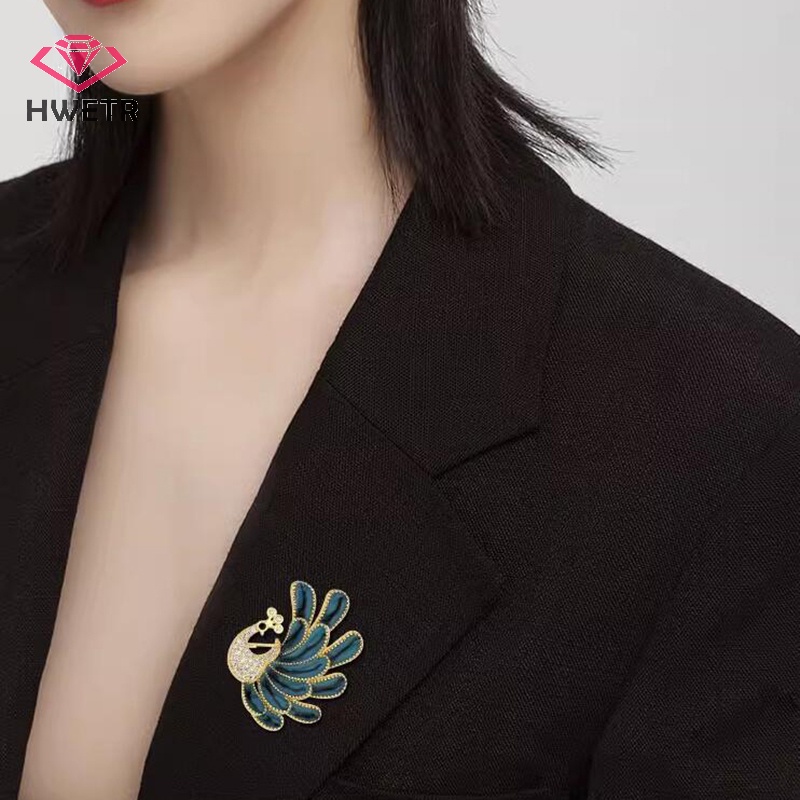 Hwetr ใหม่ เข็มกลัด ลายนกยูงน่ารัก สีฟ้า สไตล์เกาหลี สําหรับผู้หญิง