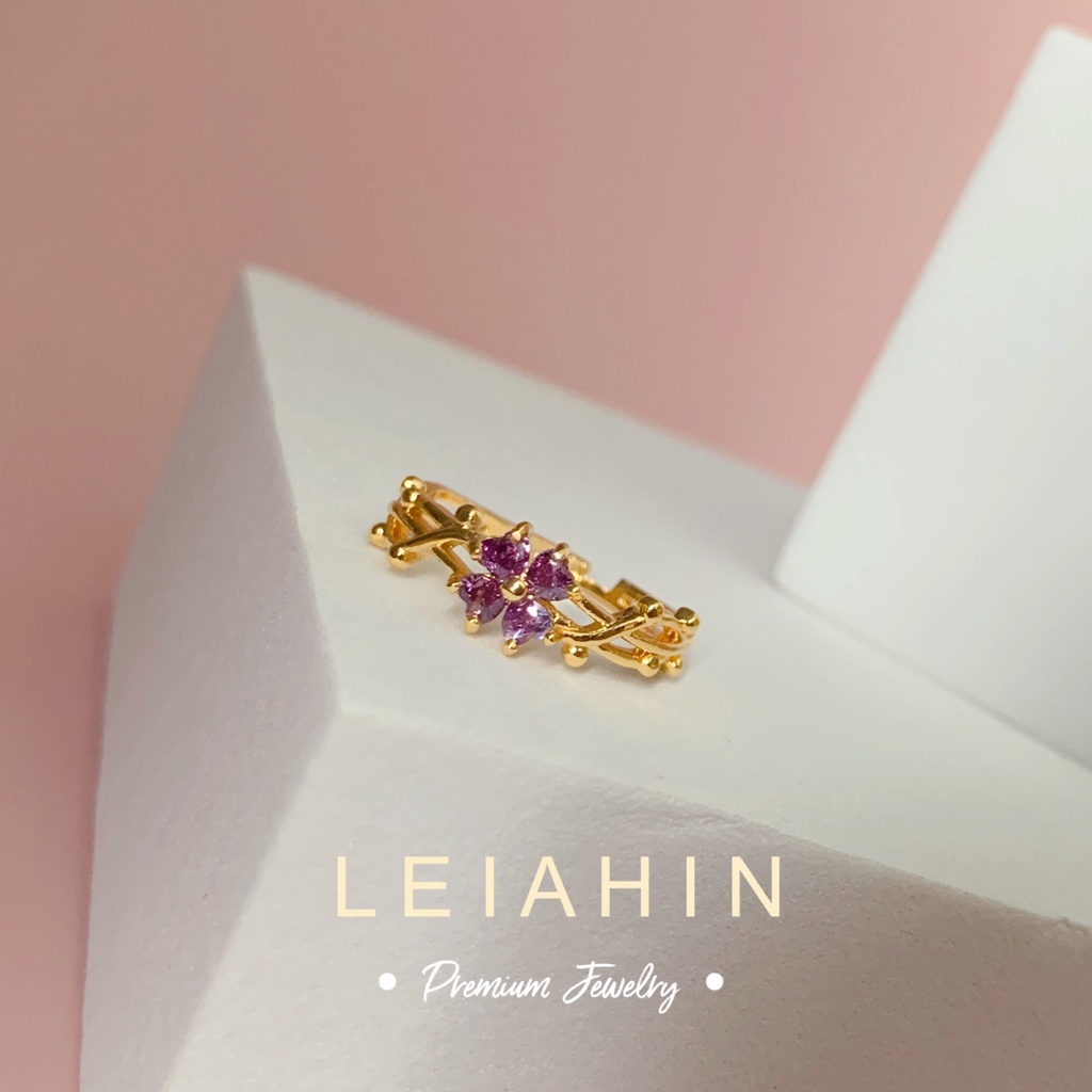 LEIAHIN แหวนแฟชั่น แหวนทอง 18k ประดับเพทาย สีม่วง ปรับได้ เครื่องประดับแฟชั่น สําหรับผู้หญิง