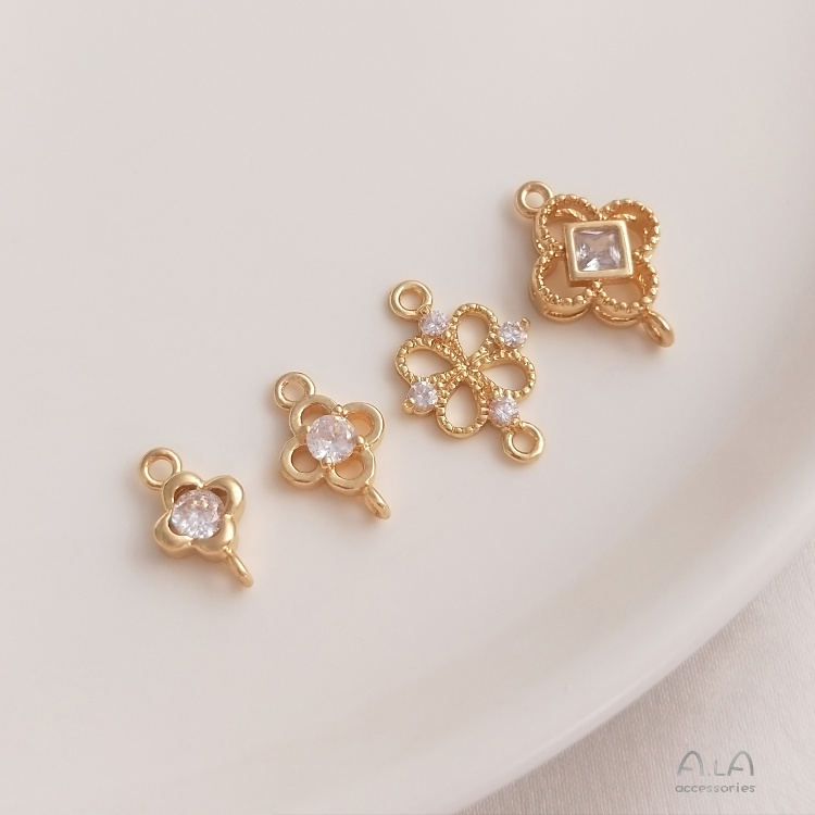 [Little Blu] จี้ทองแดง 14K ฝังเพทาย รูปใบโคลเวอร์สี่แฉก แฮนด์เมด