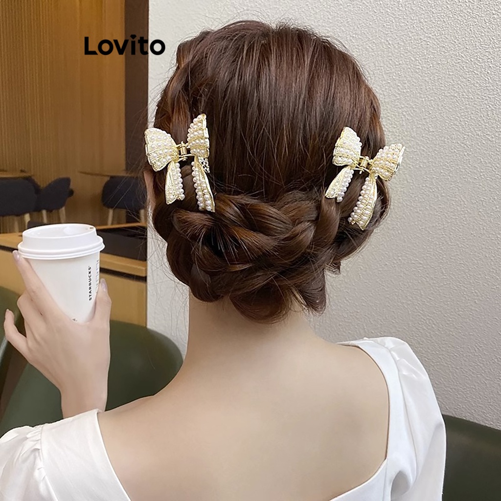 Lovito คลิปหนีบผมรูปโบว์ แต่งไข่มุก สำหรับผู้หญิง สไตล์ลำลอง LFA04140 (สีทอง)