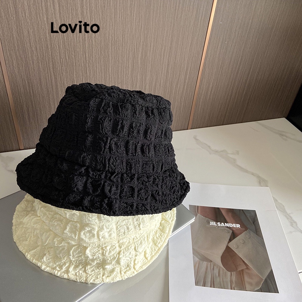 Lovito หมวกผู้หญิง แบบจีบย่น สีพื้น สไตล์ลำลอง L63AD279 (สีแอปริคอต/ สีดำ)