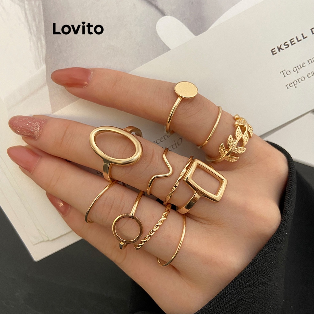 Lovito เซ็ตแหวนผู้หญิง แบบโลหะ ลายชนเผ่า สไตล์ลำลอง 11 ชิ้น L63AD034 (สีทอง/ สีเงิน)