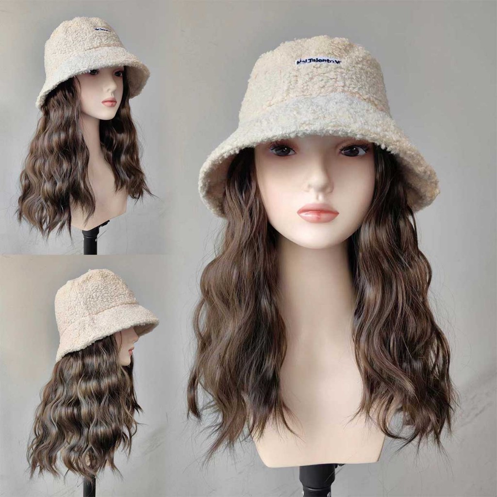 New หมวกวิกผมสั้นสีกากี ผมหยิก สีน้ำตาลเย็น 30cm ขนดก น่ารักมาก แบบเย็บติดหมวก ถอดไม่ได้