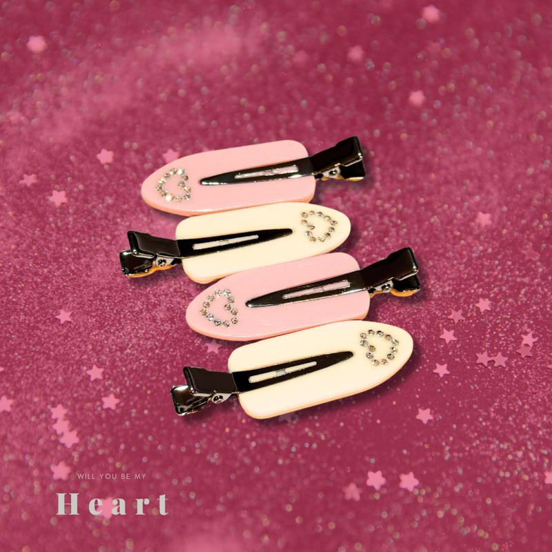 No-Cease Hairclip Heart4pcs: กิ๊บติดผม กิ๊บแบน กิ๊บหนีบผม ประดับคริสตัลหัวใจ สีครีม แชะ สีชมพู 4ชิ้น