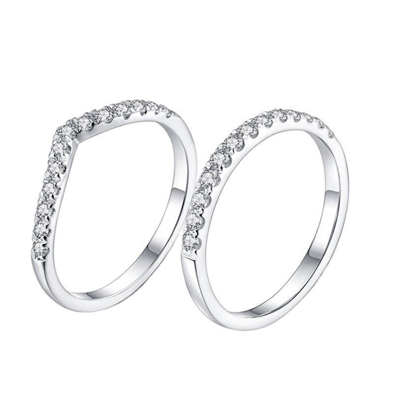 Pandora แหวนเงิน 925 ประดับเพชร เพทาย รูปตัว V สําหรับหมั้น งานแต่งงาน 2 ชิ้น ต่อชุด