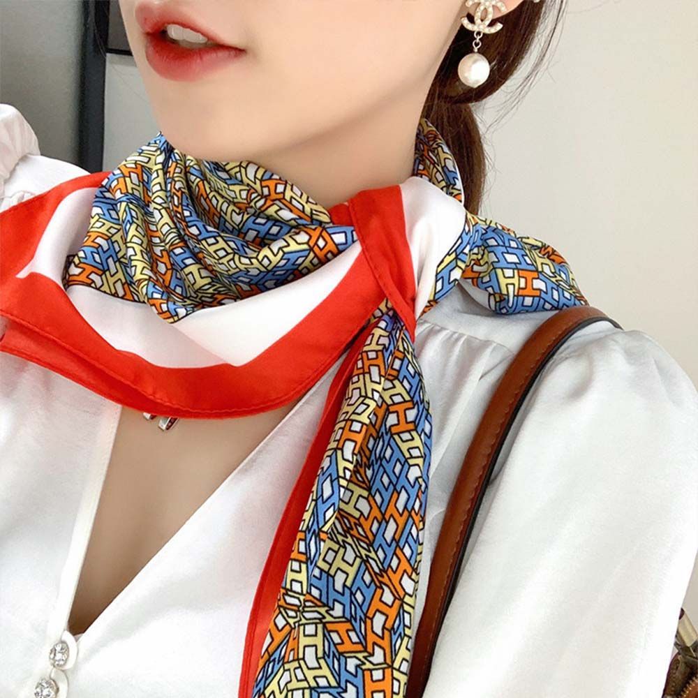 QQMALL Fashion Stripe Silk Scarf Spring summer Neck Wraps Square Large Scarf Headband Foulard Beach  Muffler Bag Belt Decoration Temperament Soft Ladies Shawl Female Scarves