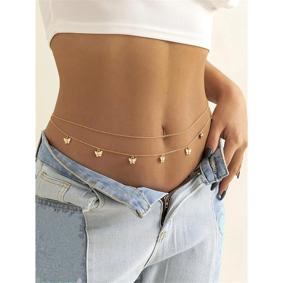 [SIS.SIE พร้อมส่ง]no.6348 โซ่เอว 2เส้น แต่งจี้ผีเสื้อ สีเงิน/สีทอง layered butterfly waistchain