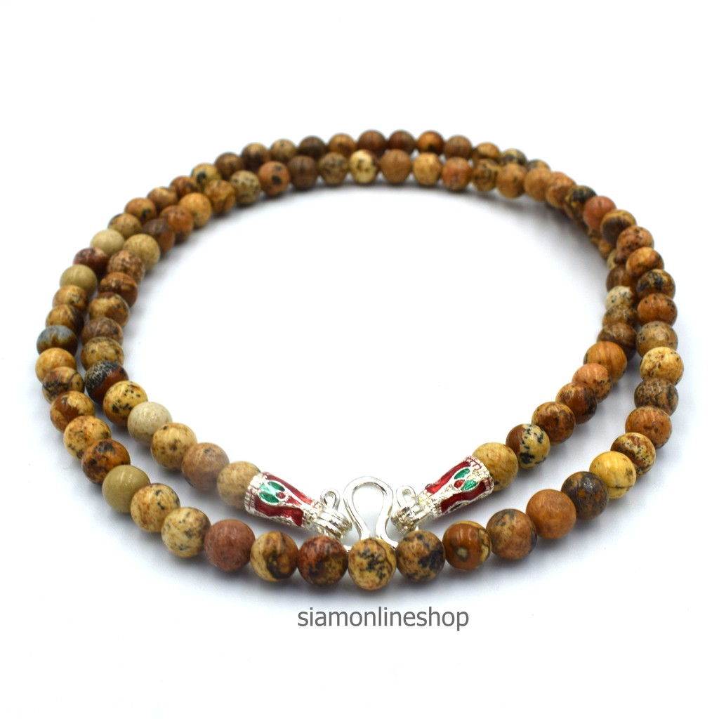 STONE NECKLACE สร้อยคอหินแท้ หินพิกเจอร์ จัสเปอร์ picture jasper ขนาด 5 มม. ตะขอเงินลงยา by siamonlineshop