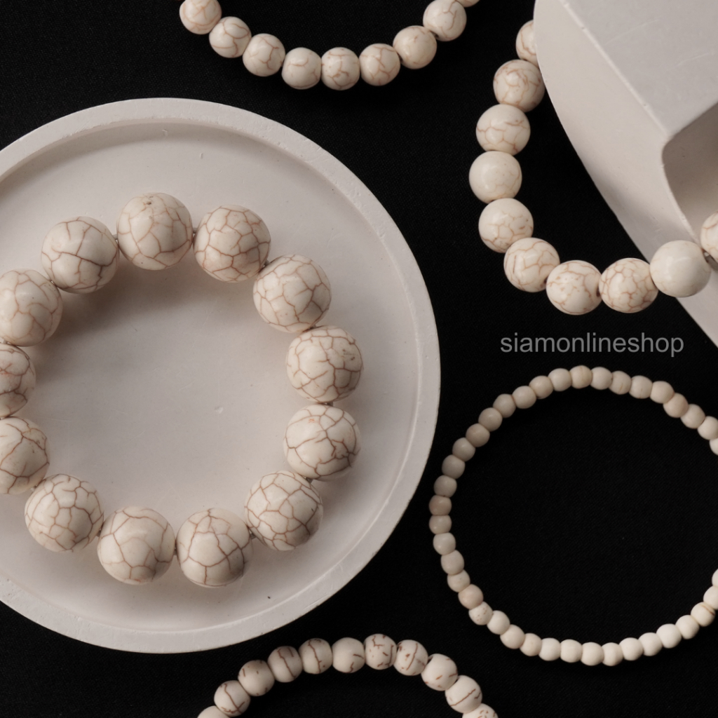 WHITE TURQUOISE หินเทอร์ควอยส์ สีขาว เลือกขนาดเม็ดหินได้ (4-14 มม.) สร้อยข้อมือหินแท้ by siamonlineshop