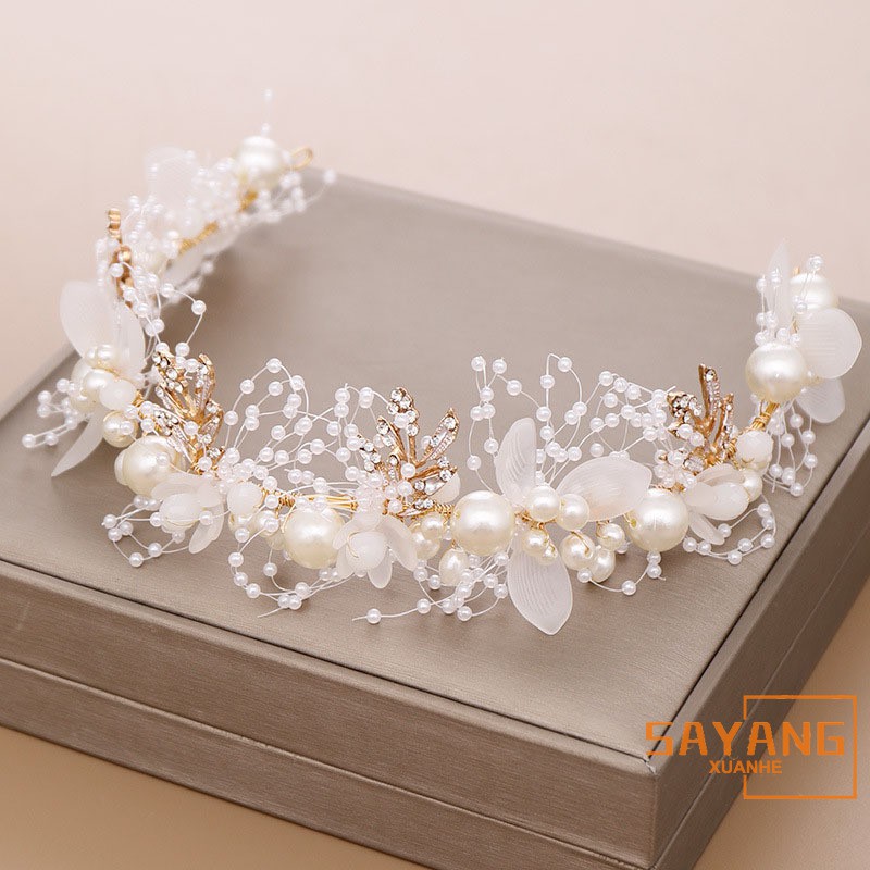 X-H สายคาดศีรษะประดับไข่มุกคริสตัลสีทองสำหรับงานแต่งงาน