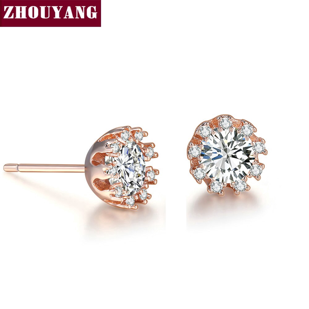 ZHOUYANG มงกุฎเจ้าหญิง Cubic Zirconia กุหลาบสีทอง / สีเงิน Stud Earrings เครื่องประดับแฟชั่น ZYE021 ZYE022