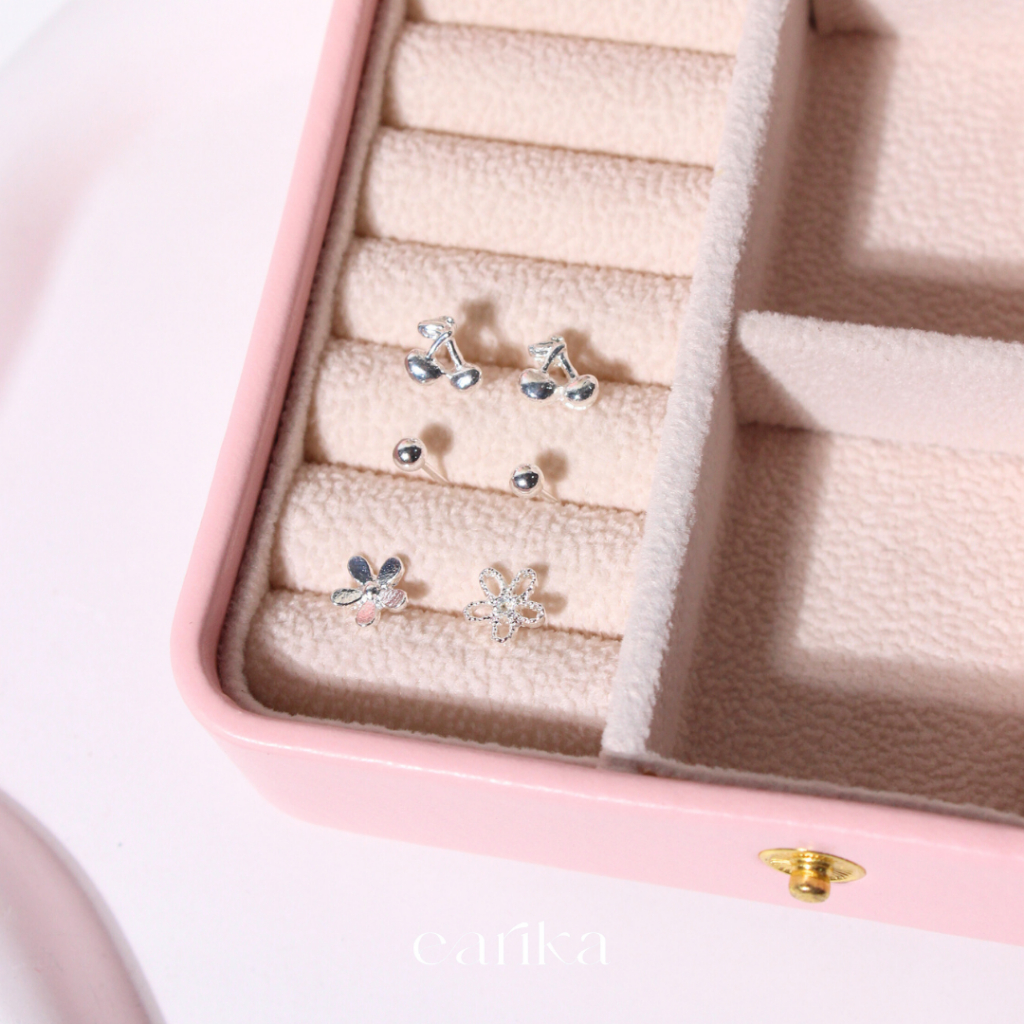 earika.earrings - cherry on top set เซ็ตต่างหูก้านเงินแท้ตีมดอกไม้เชอร์รี่ เหมาะสำหรับคนแพ้ง่าย