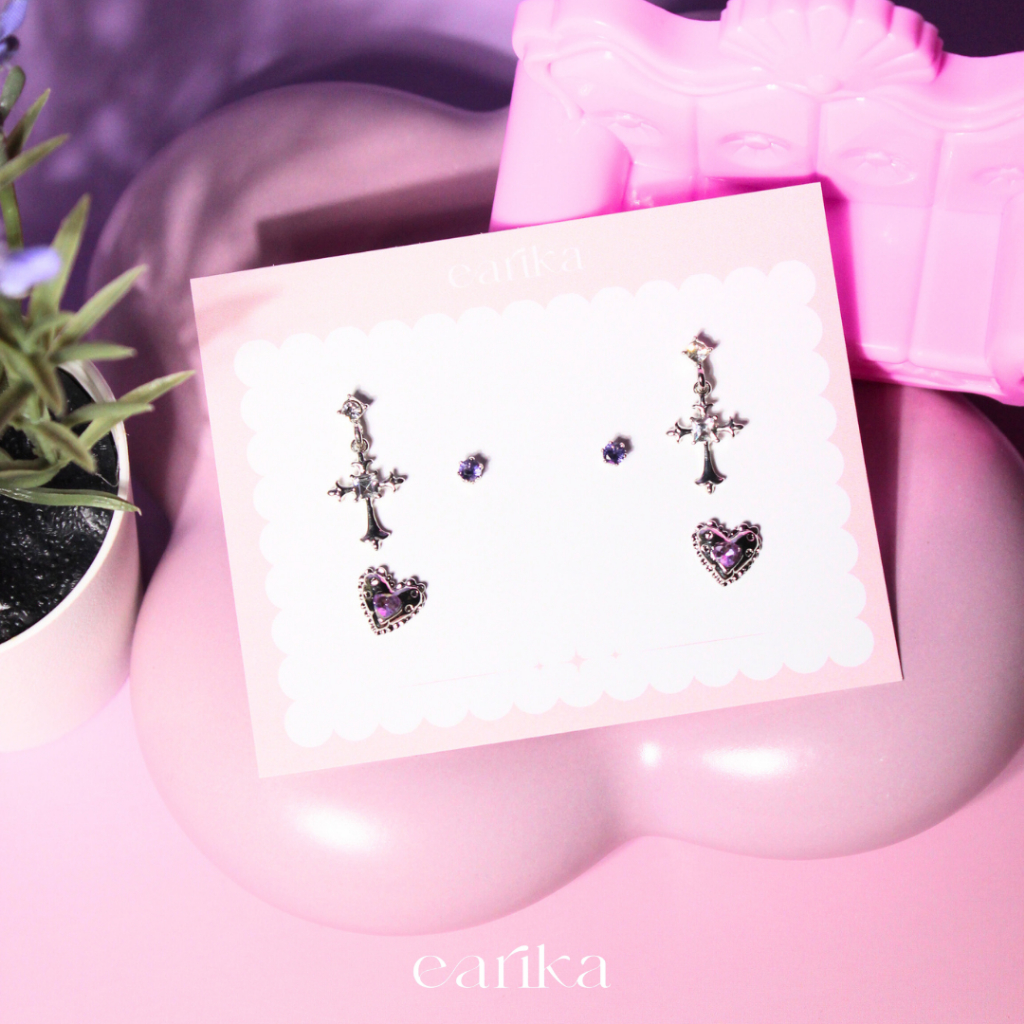 earika.earrings -  irish soul cross set เซ็ตต่างหูแป้นทับธีมหัวใจสีม่วง ก้านเงินแท้ เหมาะสำหรับคนแพ้ง่าย