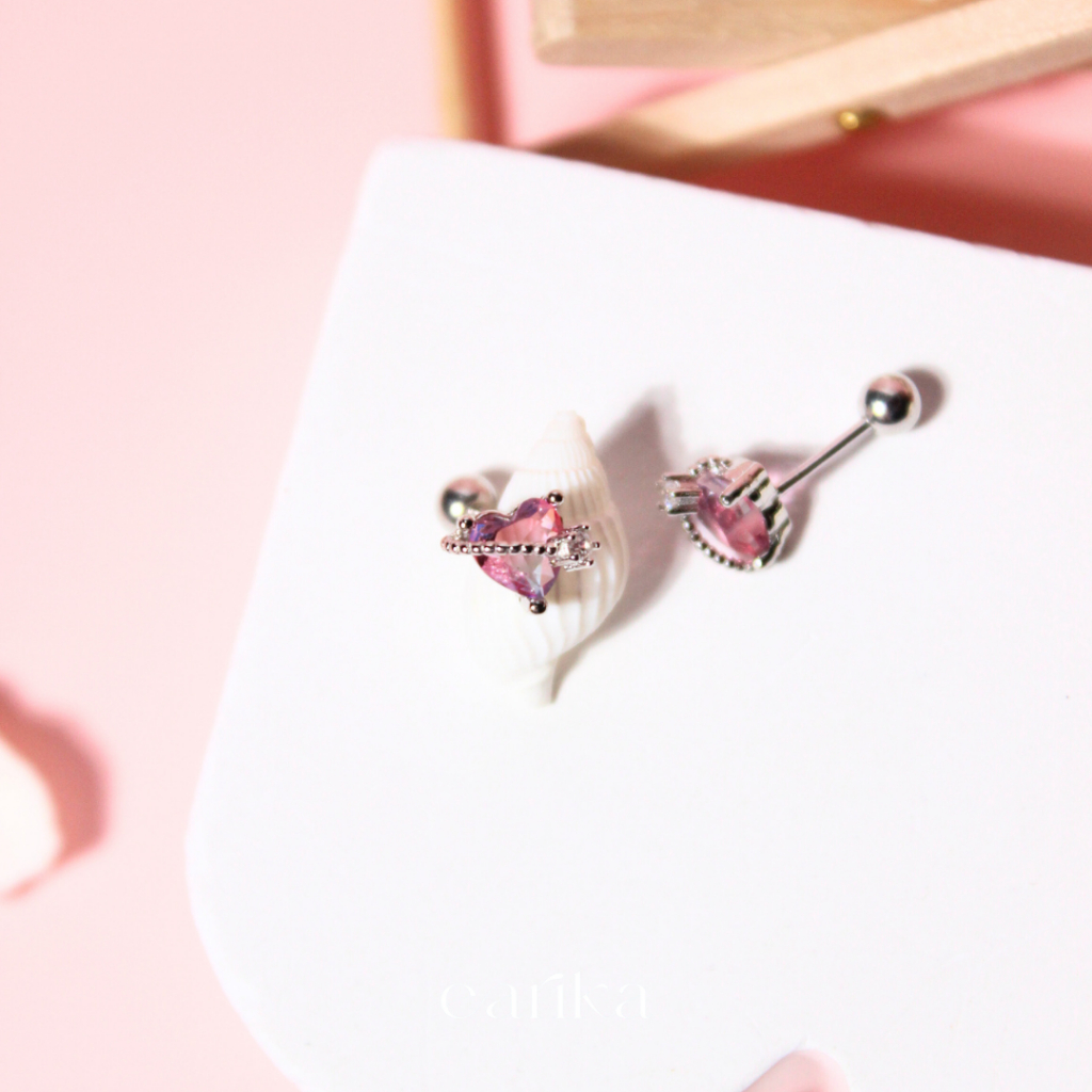 earika.earrings - pinkish ruby planet heart piercing จิวเม็ดกลมหัวใจสีชมพูบานเย็น เงินแท้ เหมาะสำหรับคนแพ้ง่าย