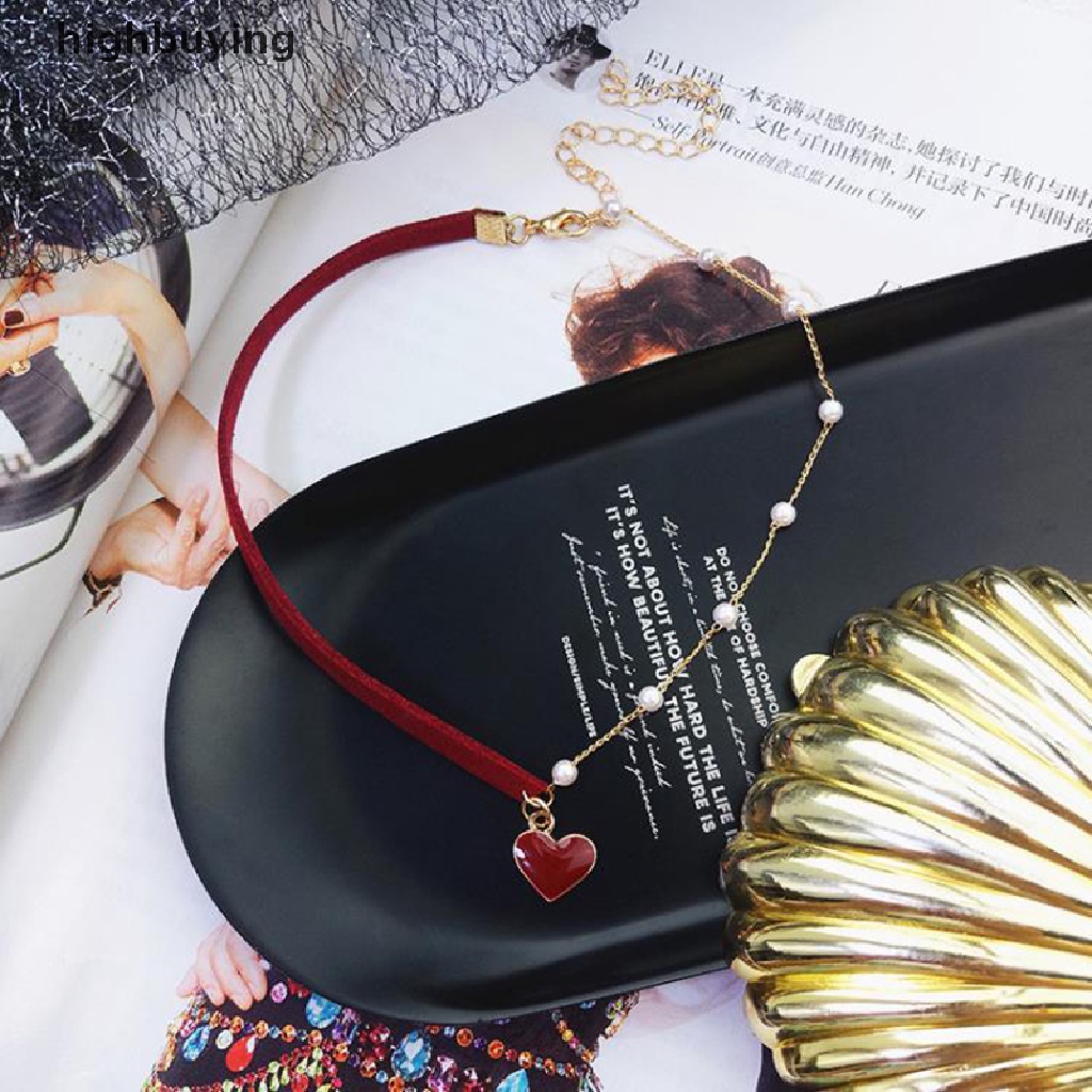 [highbuying] สร้อยคอ โช้คเกอร์ จี้ไข่มุก รูปหัวใจ สีแดง อสมมาตร เครื่องประดับแฟชั่นสตรี พร้อมส่ง